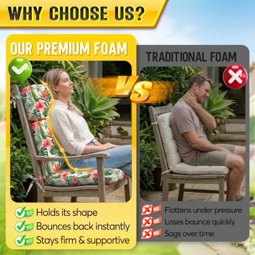 Patio Chair Cushions High Back 44"x22"x4" Thick (Red Monstera) - color: Red Monstera