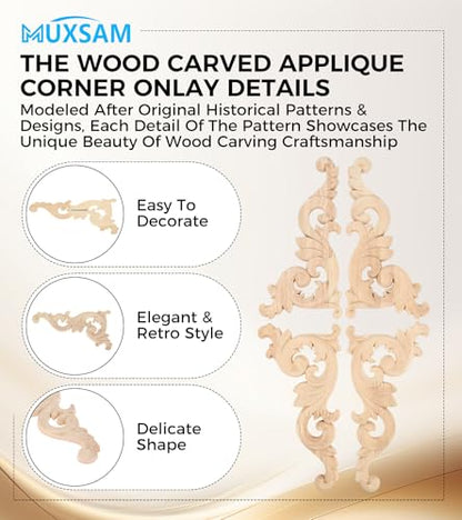 Wood Carved Appliques Onlays, 2-Pair Unpainted Small Wooden Carvings Decals - color: 4-pack