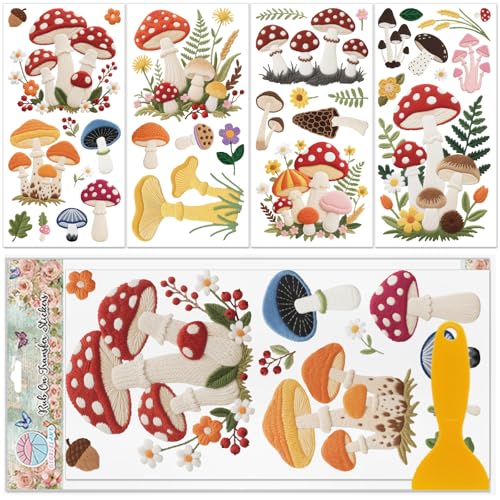 GLOBLELAND 4 Sheets Embroidery Style Mushrooms Rub on Transfer Stickers for Furniture 12x6inch Colorful Mushroom Transfer Decals Forest Plants UV Self-Adhesive Stickers for Bedroom Room Table Decor - style: Embroidery Mushroom