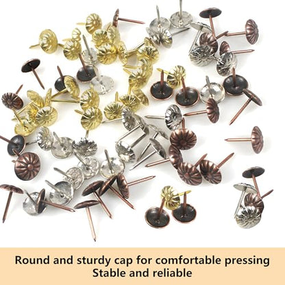 600Pcs Thickened Daisy Push Pins, Upholstery Tacks for Sofa Boxes Cabinets, Antique Bronze Iron Nails,Hardware Round Head Soft, 3 Colors of Chrysanthemum Push Pins (Gold, Antique Brass, Silver)