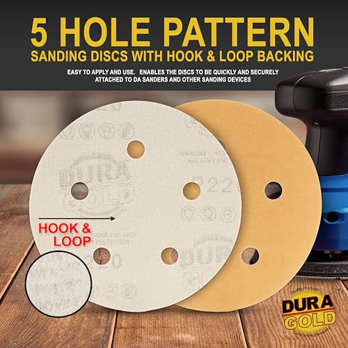 Dura-Gold 5" Gold Sanding Discs, 220 Grit, Box of 50, 5 Hole Pattern, H & L - size: 220 Grit