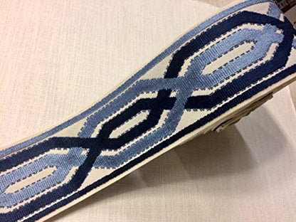 3.5" Woven Trim Tape with Velvet Embroidery H-1109/4 Cream, Navy Blue & French Blue Sold By The Yard Upholstery/Drapery