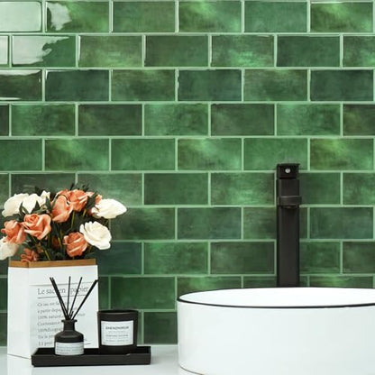 STICKGOO 10-Sheet Subway Tile Peel and Stick Backsplash, Self Adhesive Vinyl Wall Tiles, Stick on Backsplash for Kitchen and Bathroom(Thicker Design) - color: Green With Green Grout