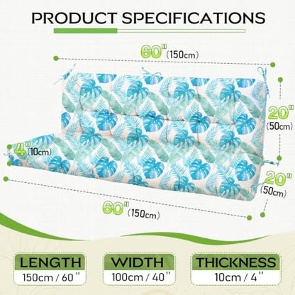 Oxford Fabric Swing Cushions with Backrest & Tie Straps for Patio Bench - color: Monstera Blue