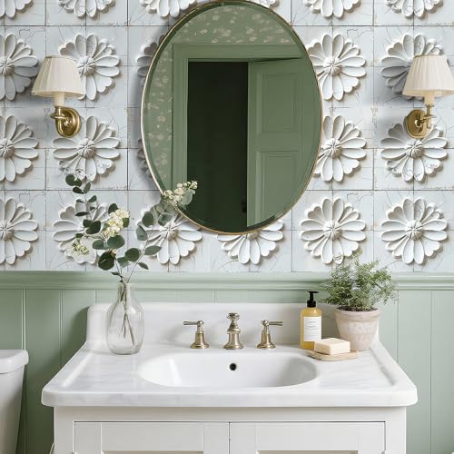 Livelynine 3D White Floral Peel and Stick Wallpaper for Kitchen Backsplash Wallpaper Self Adhesive Bathroom Wall Tile Contact Paper Waterproof Removable Ceiling DIY Accent Covering Panels 17.5x78.8 - size: 17.5" x 78.8"
