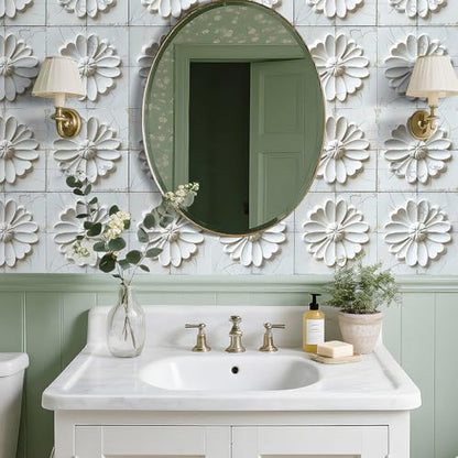 Livelynine 3D White Floral Peel and Stick Wallpaper for Kitchen Backsplash Wallpaper Self Adhesive Bathroom Wall Tile Contact Paper Waterproof Removable Ceiling DIY Accent Covering Panels 17.5x78.8 - size: 17.5" x 78.8"