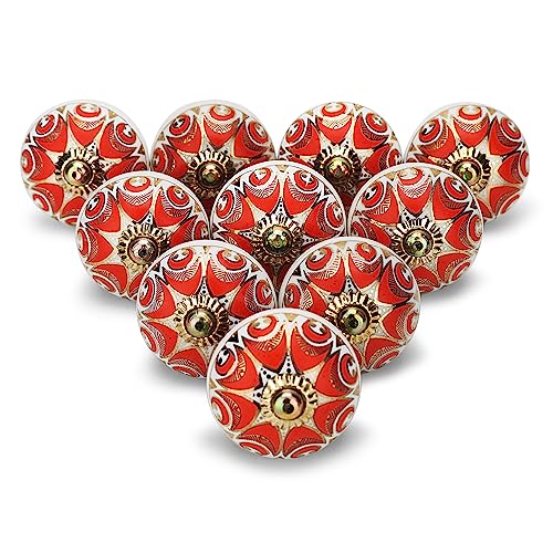 Golden Ceramic Knobs for Cabinets and Drawers 4 Piece Door Knobs for Cupboards Wardrobe Assorted Door Pull Handles for Dresser Kitchen Boho Home Interior Decor - Pack of 4, Red - color: Red, style: STYLE OF 4