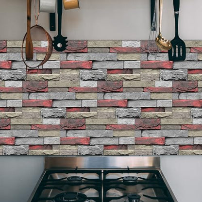 Alwayspon 24Pcs 12x6inch Peel&Stick Wall Sticker Vinly Wallpaper, Waterproof Backsplash for Kitchen Bathroom, Self-Adhesive Tile Transfers Decal Stick on Tiles with Red Stone Brick Effect - color: Fg-l13, size: 24 Pcs