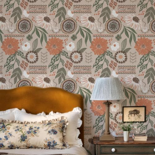 Simon&Siff Boho Sun Floral Retro Peel and Stick Wallpaper 17.3" x 1200" - color: Gray, size: 17.3" x 1200"