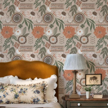 Simon&Siff Boho Sun Floral Retro Peel and Stick Wallpaper 17.3" x 1200" - color: Gray, size: 17.3" x 1200"