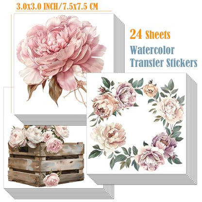 ZMRU 24 Sheets of Watercolor Style Rub on Transfers for Crafts - Perfect for Glass, Porcelain, Leather, Canvas, and Fabric Projects - IOD Transfers Included,3 * 3inch (Pink Peony) - style: Pink Peony