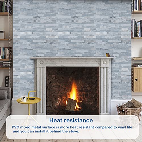 Midcard 10 Sheets Peel and Stick Backsplash PVC Wall Tile,for Kitchen Backsplash - color: Rectangular Light Blue with Metallic Silver