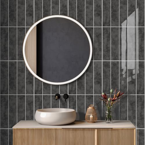 24-Pieces Peel and Stick Tiles for Kitchen Backsplash, New Upgrade Design 12" x 3"SPC Subway Backsplash Tiles, Marble Black Premium Finger Tiles (Dark Grey). - color: Drake Grey, size: 24-sheet