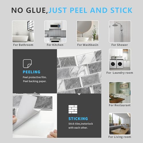 URCOLOR 10-Sheet Peel and Stick Backsplash Tile Sticker for Kitchen,12"x12" Self Adhesive Subway Wall Tiles Stick on Back Splashes for Bathroom White Gray Marble Design - color: White Gray Marble