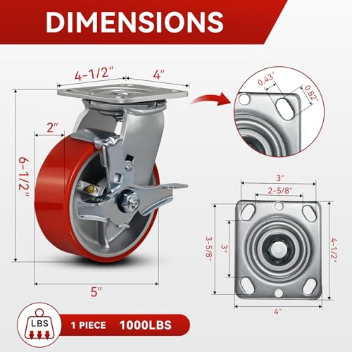 5"x2" Industrial Casters- Heavy Duty casters,Polyurethane Casters Wheel,Capacity up to 4000 Lb. Use for Platform Truck, U-Boat Cart,Workbenches(4 Brake) - style: 5 inch