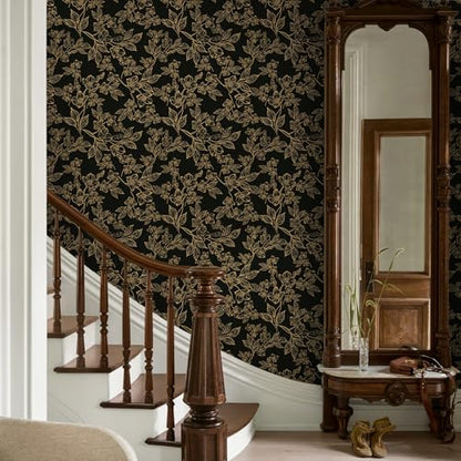 Ismoon Dark Floral Peel Stick Wallpaper Black Gold Wallpaper 17.3x78.7in - color: Black/Gold, size: 17.3" x 78.7"