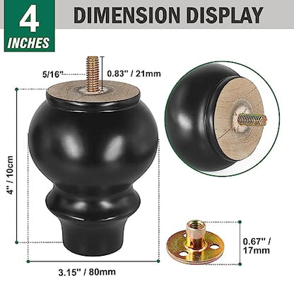 FoDau770 Rubber Wood Furniture Legs 4 Inch, Black Couch Legs, 4pcs - color: Black, size: 4 Inch