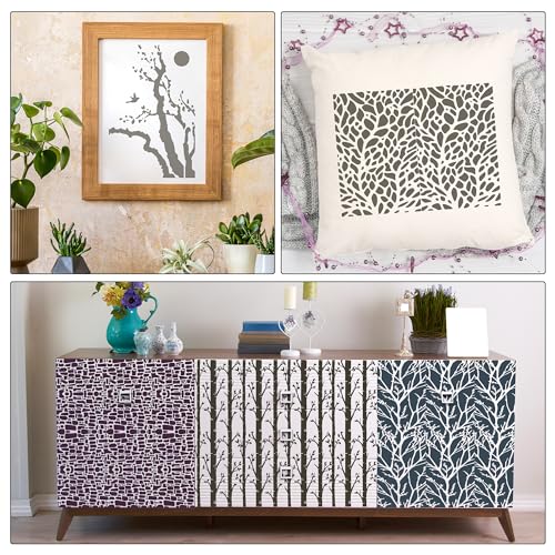 Keluna Tree Texture Stencils Painting, 12 Pcs Tree Branches Stencils for Painting on Wood Wall, Mixed Designs Tree Branch Bird Stencils for Painting on Rock Canvas Wood Wall Floor Home Decor - style: tree