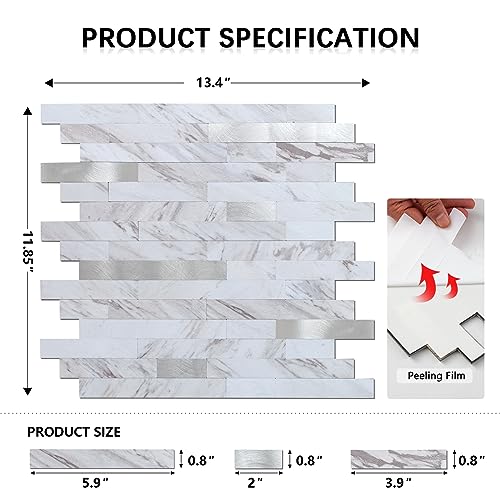 Midcard 10 Sheet Peel and Stick Backsplash Tile, Stick on Tiles for Backsplash Kitchen, Bathroom, Laundry Room, Camper, Fireplace. - color: 20Trapezoidal White Marble with Metallic Silver