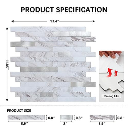 Midcard 10 Sheet Peel and Stick Backsplash Tile, Stick on Tiles for Backsplash Kitchen, Bathroom, Laundry Room, Camper, Fireplace. - color: 20Trapezoidal White Marble with Metallic Silver