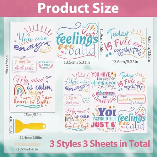 WANDIC 3 Sheets UV DTF Rub on Transfer Stickers, Mental Health Theme 3D Cup Warp Waterproof Decals for DIY Glass Water Bottle Furniture Crafts,15 * 30cm - color: Mental Health