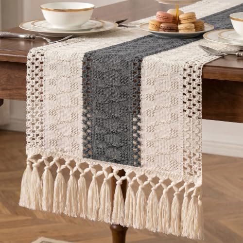 Boho Macrame Table Runner with Tassels 48in Grey Farmhouse Runner - color: White & Grey, size: 12'' x 48''