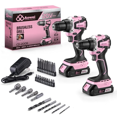 20V Brushless Cordless Drill Set (2-Piece) - Compact Power Drill Driver with 2.0Ah Battery, Power Drill Set with Battery and Charger & 3/8" Keyless Chuck,Pink - color: Pink 2-piece Set
