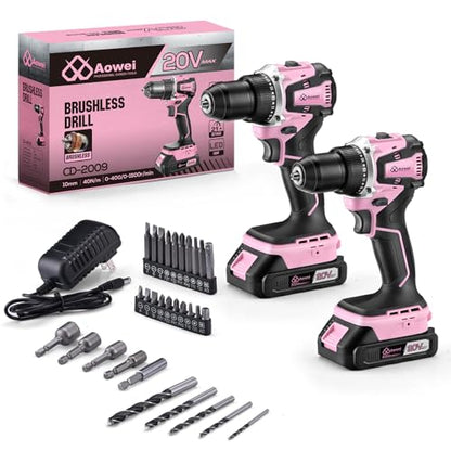 20V Brushless Cordless Drill Set (2-Piece) - Compact Power Drill Driver with 2.0Ah Battery, Power Drill Set with Battery and Charger & 3/8" Keyless Chuck,Pink - color: Pink 2-piece Set