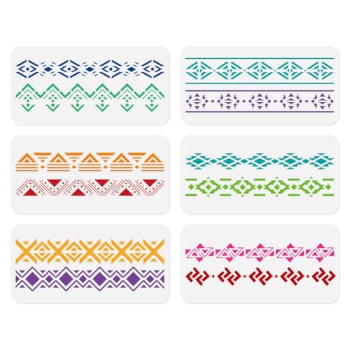 6Pcs Aztec Border Wall Stencil Templates 11.8 x 5.9 Inch Reusable Plastic Stencils for Painting on Wood Wall Floor Tile Fabric Glass DIY Home Decor - style: Aztec Border
