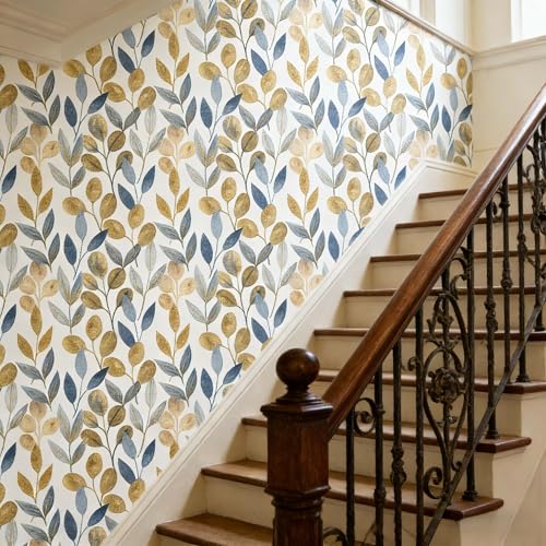 Blue and Gold Leaf Peel and Stick Wallpaper 17.7" x 354" - color: Blue/Gold, size: 17.7" x 354"