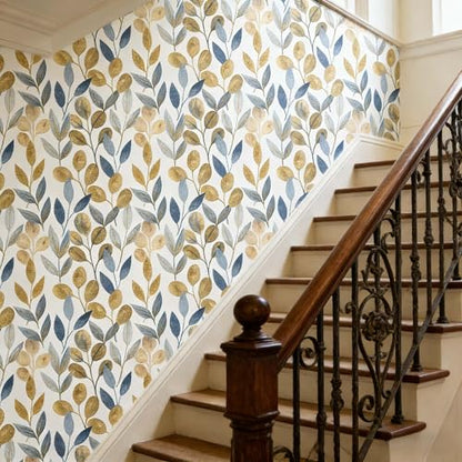 Blue and Gold Leaf Peel and Stick Wallpaper 17.7" x 354" - color: Blue/Gold, size: 17.7" x 354"