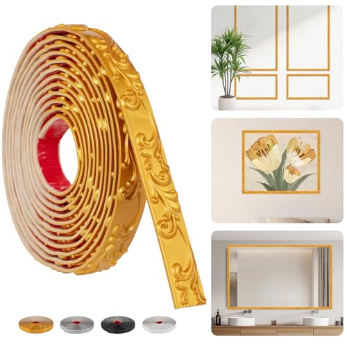 16.4FT x 1.02'' Gold Crown Molding Trim Peel and Stick – Flexible Decorative Mirror Frame Border, Self-Adhesive Trim for Doors & Cabinets - color: Gold