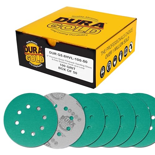 Dura-Gold 5" Green Film Sanding Discs, 100 Grit, 8-Hole, Box of 50, H & L - style: 100 Grit