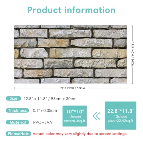 Commomy Peel and Stick Faux Stone 3D Wall Panels 12 pcs of 22.8" x 11.8" - color: Large Brick-J