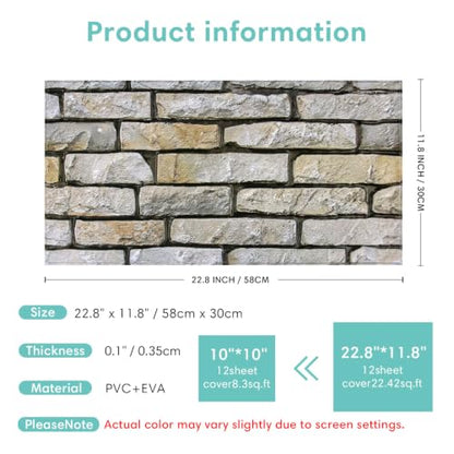 Commomy Peel and Stick Faux Stone 3D Wall Panels 12 pcs of 22.8" x 11.8" - color: Large Brick-J