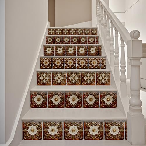 36 Pcs 4 Styles Brown Gold Patten Wall Tile Sticker, 4x4inch - color: Brown Gold Patten