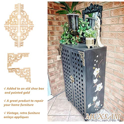 4Pcs Wood Carved Appliques Corner Wooden Carving Onlay Decal for Furniture
