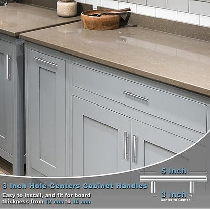 Estmoon 30 Pack Brushed Nickel Cabinet Handles 3 Inch Hole Center Drawer Pulls Stainless Steel Cabinet Pulls Silver Kitchen Handles Cabinet Hardware for Drawers, Cupboards - 5" Length, 3" Hole Center - color: Brushed Nickel