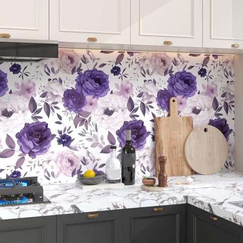 BOKEBEVE Boho Floral Wallpaper Peel and Stick White Purple 17.5 x 393.5In - color: White/Purple, size: 17.5" x 393.5"