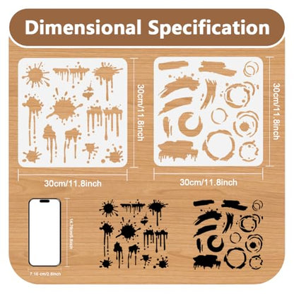 2pc Ink Splatter Wall Stencil for Painting, 11.8"x11.8" Brush Strokes Reusable Stencil for Wood Burning, Splatter Brushwork Paint Template DIY Craft Art Stencil on Wood Fabric Canvas Journal - style: Splatter & Brushwork