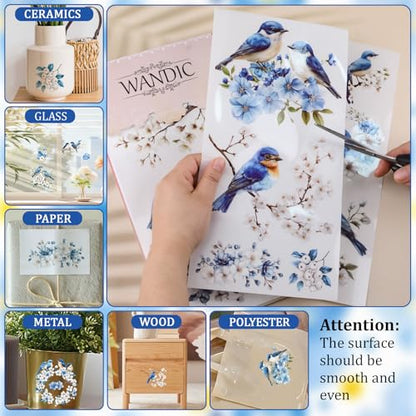 WANDIC 3 Sheets Rub On Transfer Stickers, Blue Flower Bird Pattern Waterproof Decals Furniture Craft for DIY Scrapbooking Photo Albums,15 * 30cm - color: Blue Flower