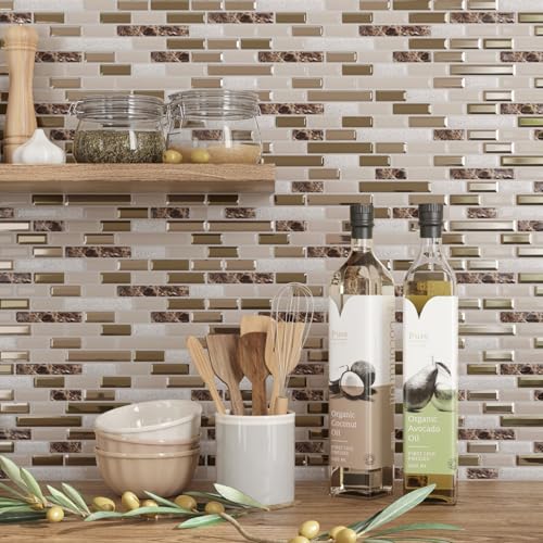 CRE8TIVE 4 Sheets Brown Peel and Stick Backsplash for Kitchen, 12"x12" Back Splash Stick on Tiles, Waterproof Self Adhesive Backsplash for Bathroom, Laundry Room, Fireplace, Metallic & Marble Design - size: 12"x12" (4-Sheets)