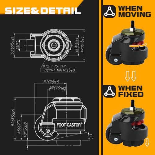 Leveling Stem Casters,Heavy Duty Leveling Casters,Loading Capacity 2200 Lbs - size: 2 INCH
