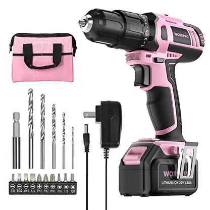 WORKPRO 20V Cordless Drill Driver Set, Pink, 3/8" Keyless Chuck