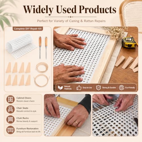 Reaeng Rattan Repair Kit for Chair Caning, Complete Furniture Restoration Kit with 15.7 x 39.4 Inch Cane Webbing Roll, Spline, 2 Caning Chisels and 8 Wooden Wedges - color: White