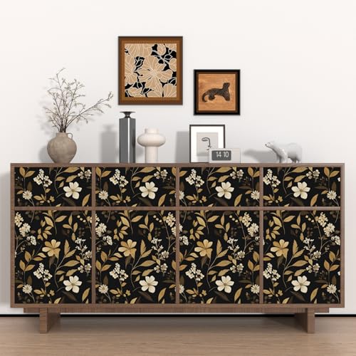 Fvlow Black Gold Floral Peel and Stick Wallpaper 17.4" x 394" - color: Gold/Black/White, size: 17.4" x 394"