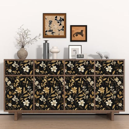 Fvlow Black Gold Floral Peel and Stick Wallpaper 17.4" x 394" - color: Gold/Black/White, size: 17.4" x 394"