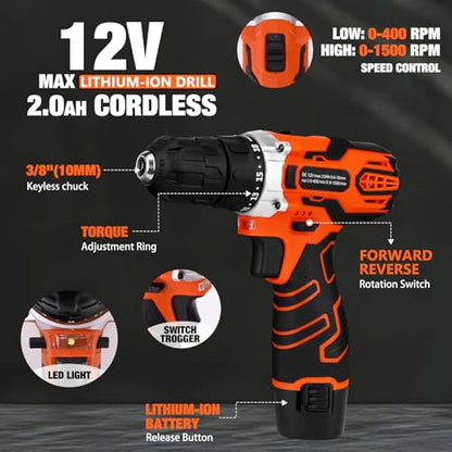 255-Piece Home Tool Kit with 12V Cordless Drill and Drawer Case