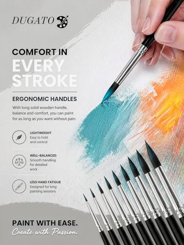 DUGATO Watercolor Brush Set of 10, Round Pointed Tip, Fine Synthetic - color: Black