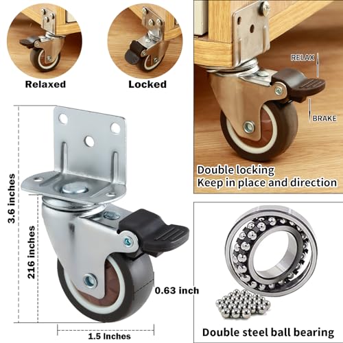 1.5 Inches Side Mount Caster Wheels Set of 12 L-Shaped Rubber Small Locking Swivel Caster Heavy-Duty Double Plate Castor with Brake Industrial Metal Wheel for Workbench, Furniture, Cabinet, Woodbox - style: 12-pack 1.5 IN/ With brake/ L-Shape
